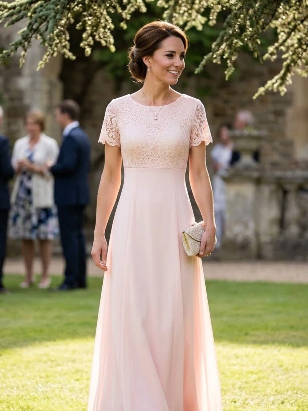 Vintage Like New Lanz of Salzburg Guipure Lace Short Sleeve Maxi Bridesmaid Gown